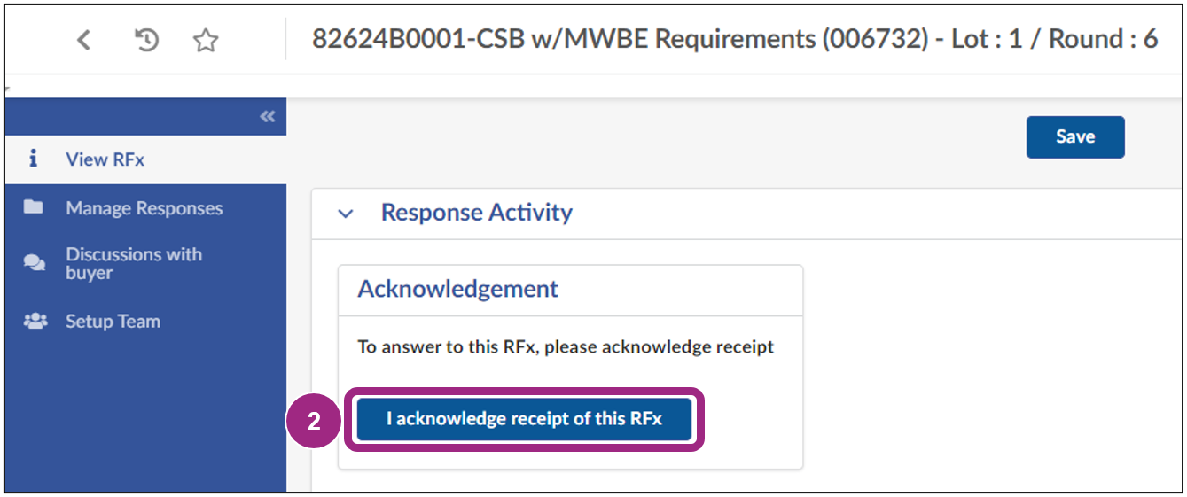 The View RFx tab displays the I acknowledge receipt of this RFx button.