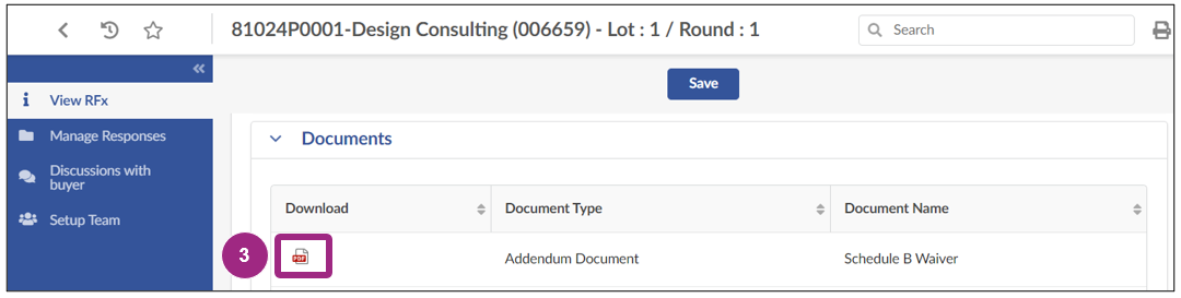 The View RFx tab displays the addendum document.