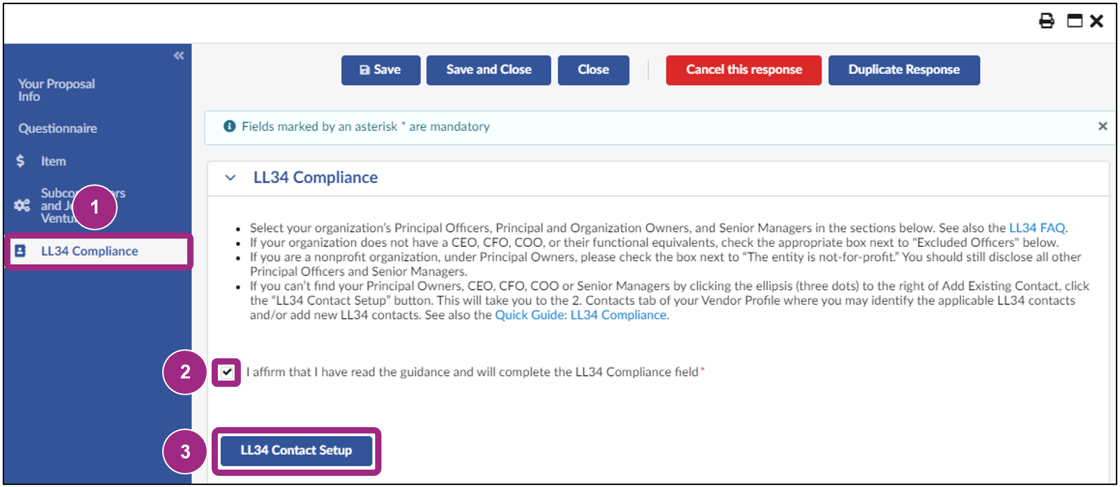 In the LL34 Compliance tab, the 'I affirm that I have read the guidance and will complete the LL34 Compliance field' checkbox is checked off.
