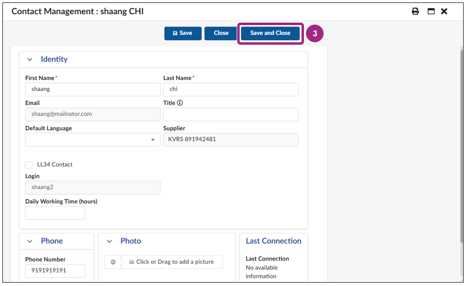 The Contact Management window displaying a current contacts personal information including their first and last name, email address, phone number, and  more.
