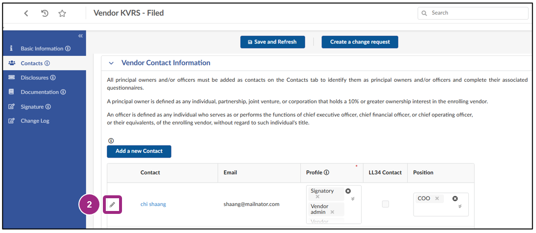 The Vendor Contact Information section of the Contacts tab within the Vendor Profile.