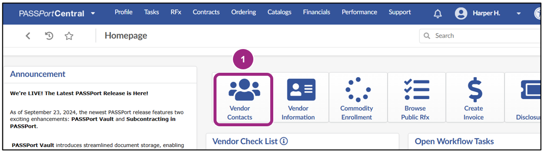 The Vendor Contacts widget visible at the top center of the PASSPort Homepage.