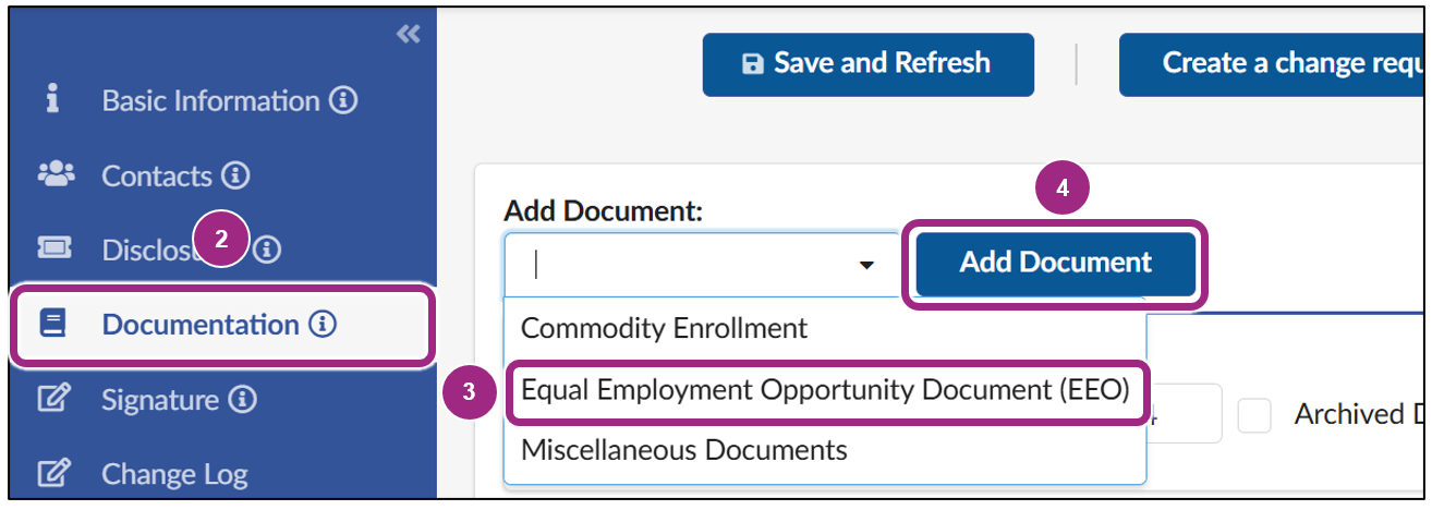 The Documentation tab of the Vendor Profile. Near the top of the page is an Add Document drop-down menu showing three options to choose from. The EEO option is highlighted.