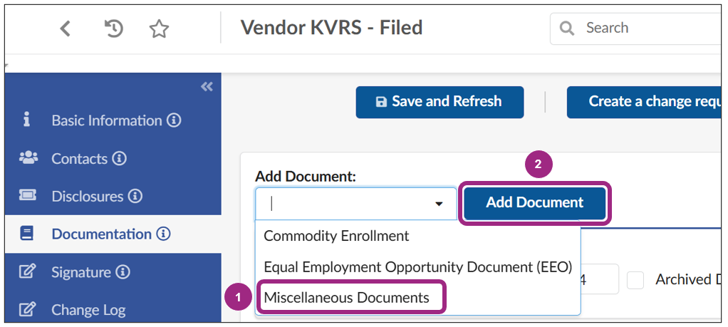 The Documentation tab of the Vendor Profile. Near the top of the page is an Add Document drop-down menu showing three options to choose from. The Miscellaneous Documents option is highlighted.