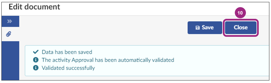 Confirmation messages display at the top of the Edit Document window indicating that data has been saved and validated successfully.