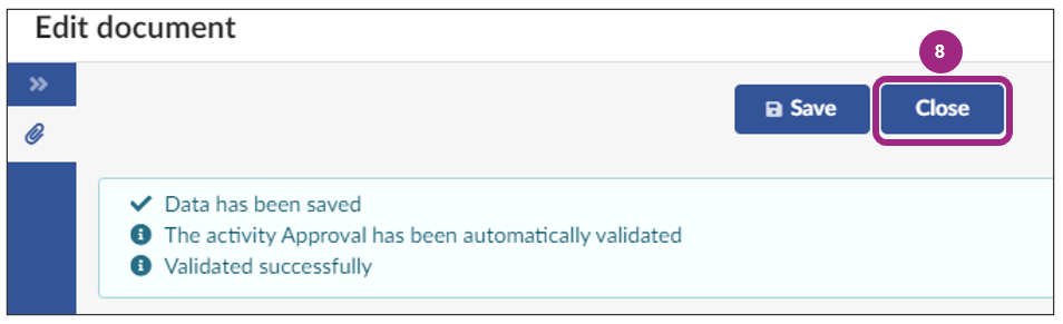 Confirmation messages display at the top of the Edit Document window indicating that data has been saved and validated successfully.