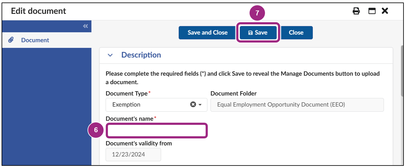 The Document name text field is visible below the Document Type drop-down field.