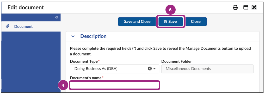 The Document name text field is visible below the Document Type drop-down field.
