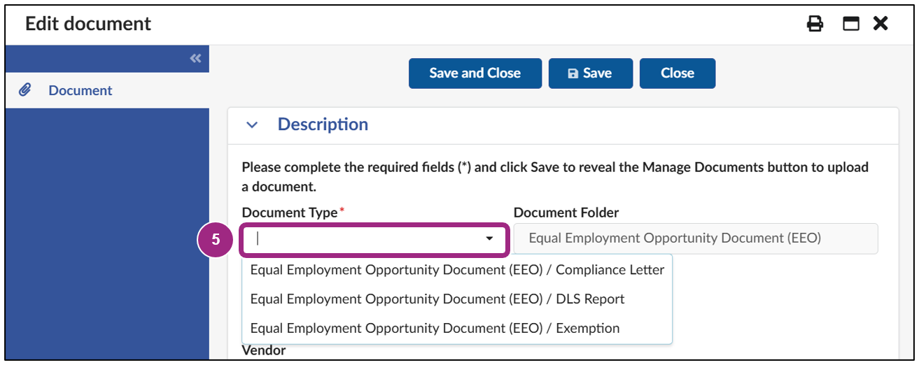 In the Description section of the Edit Document window, the Document Type drop-down menu near the top of that section shows three options to choose from.