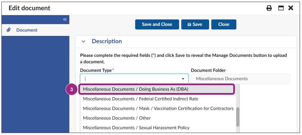 In the Description section of the Edit Document window, the Document Type drop-down menu near the top of that section displays several options to choose from. DBA is the first option listed.