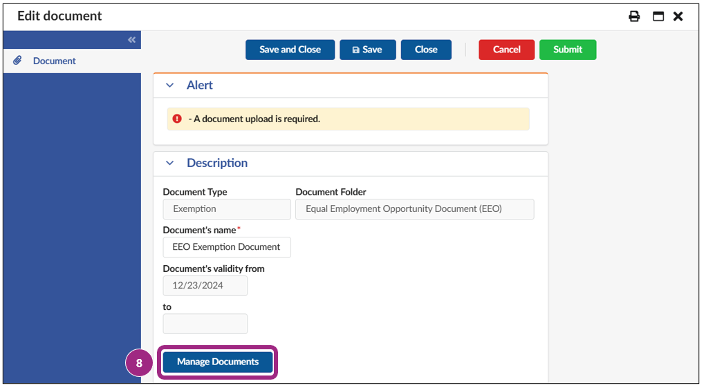 A red blocking alert with the message 'A document upload is required' displays in the Alerts section at the top of the Edit Document window. The Manage Documents button is visible below the Document Validity from and to read only fields.