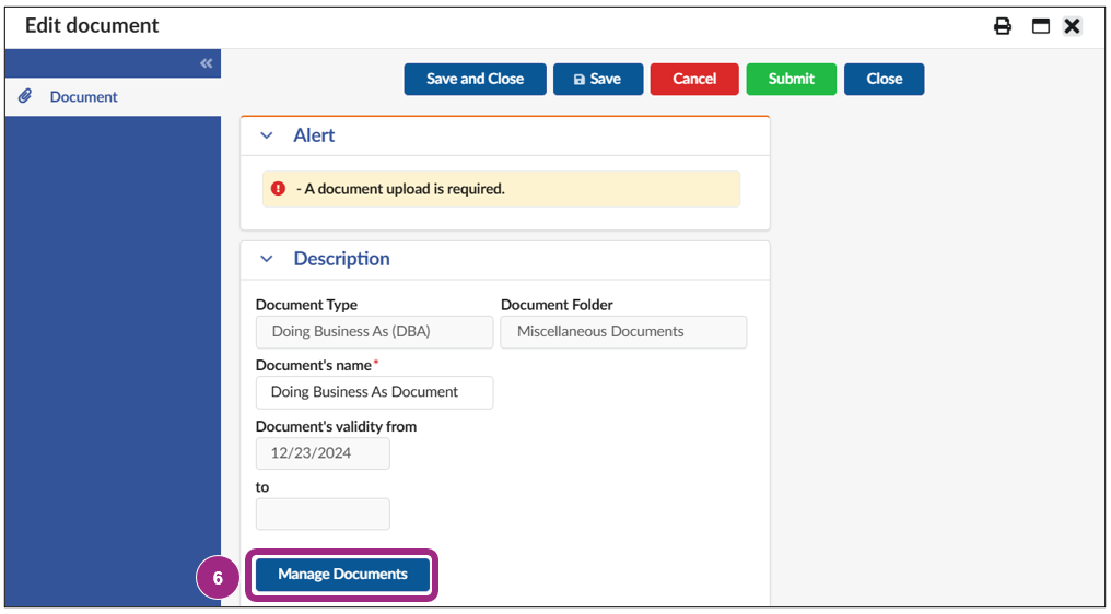 A red blocking alert with the message 'A document upload is required' displays in the Alerts section at the top of the Edit Document window. The Manage Documents button is visible below the Document Validity from and to read only fields.