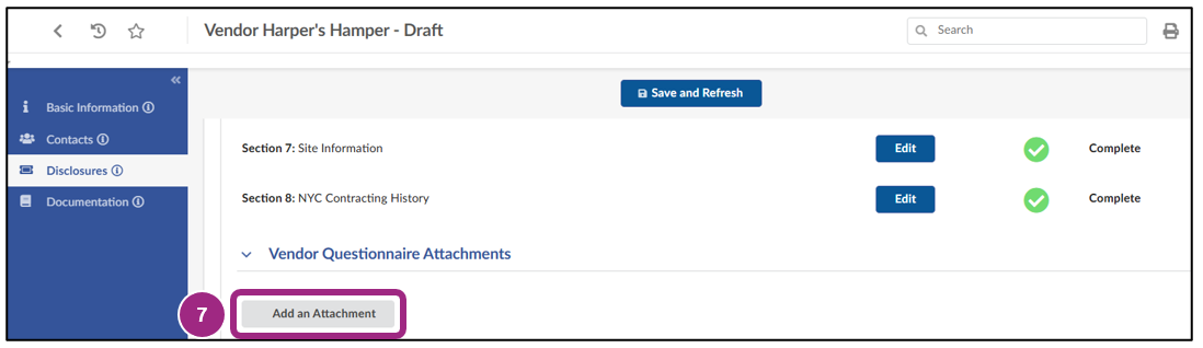 The Add an Attachment button displays within the Vendor Questionnaire Attachments section of the Disclosures tab.