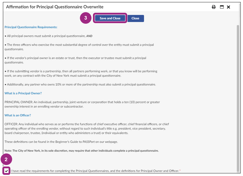 The Affirmation for Principal Questionnaire Overwrite window.