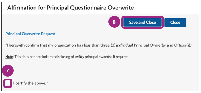 The Affirmation for Principal Questionnaire Overwrite window.