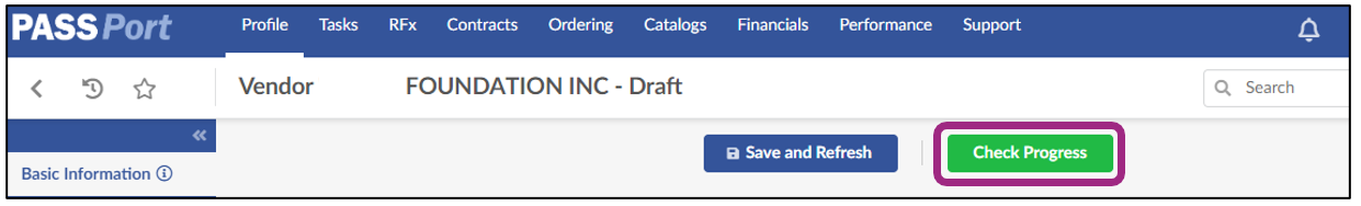The Check status button at the top of the Vendor Profile.