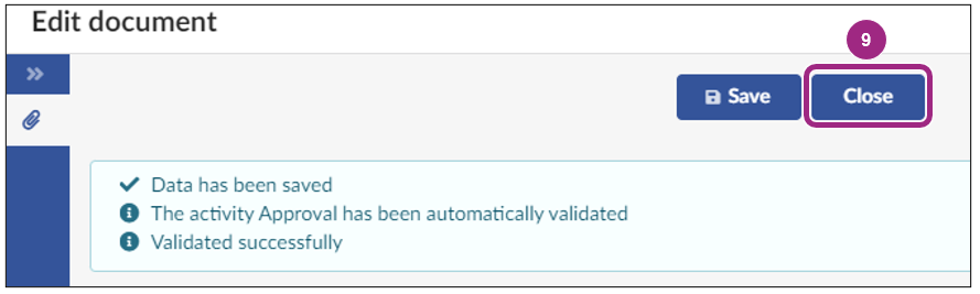 A notification appears at the top of the Edit Document window indicating the document was successfully submitted.