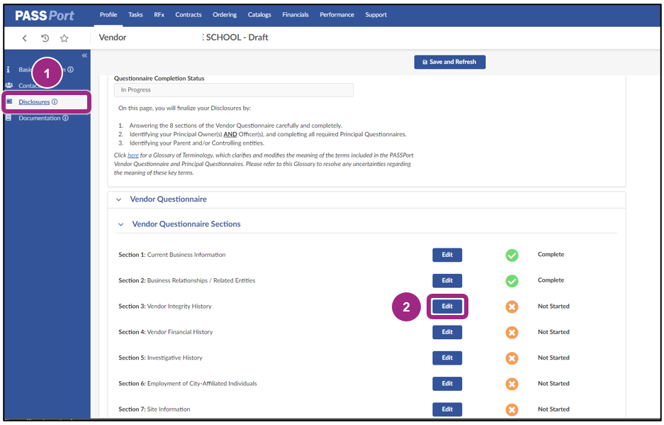 The Vendor Questionnaire section of the Disclosures tab.
