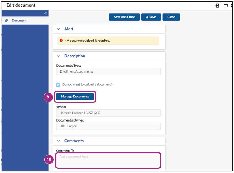 The Manage Documents button is visible within the Edit Document window.