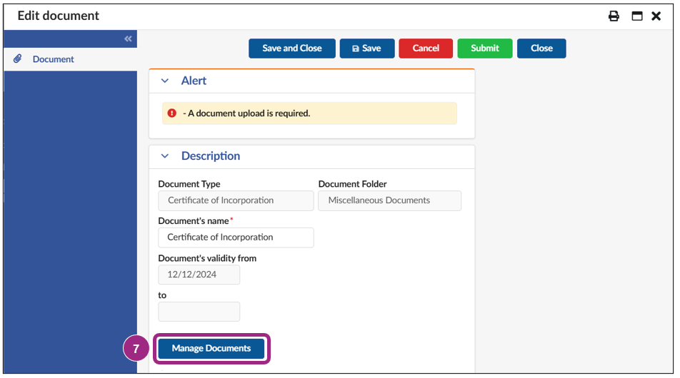 A red blocking alert displays the message 'A document upload is required'.