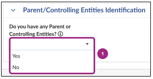The 'Do you have any parent or Controlling Entities' drop-down menu.