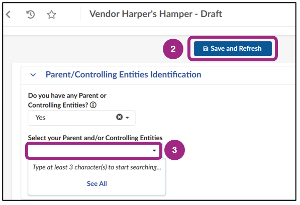 The Select your Parent and/or Controlling Entities drop-down is displays.