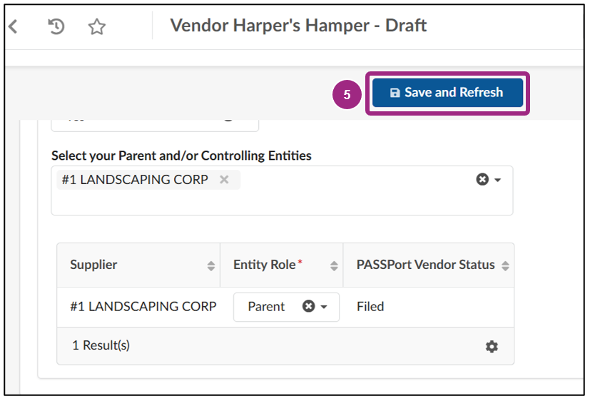The Save and Refresh button at the top of the Vendor Profile.