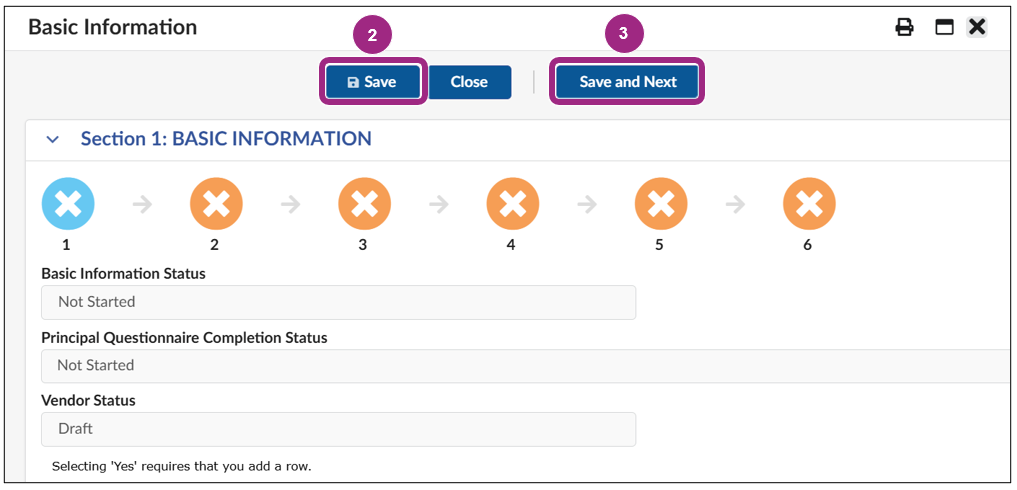 The Principal Questionnaire displays a similar workflow to the Vendor Questionnaire.