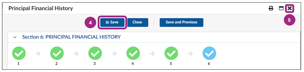 The Save button at the top of the Principal Questionnaire window.