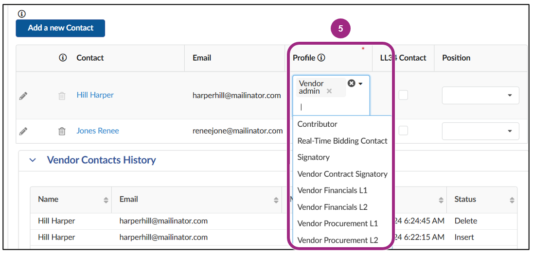 The Profile column list several user roles in a drop-down window.