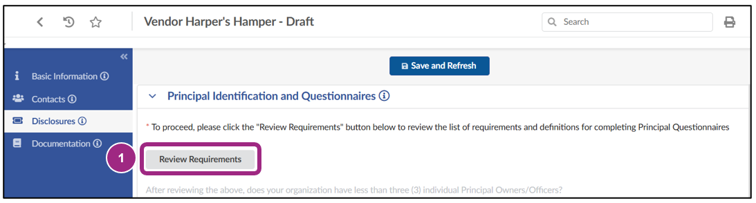 The Review Requirements button within the Principal Identification and Questionnaires section.