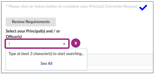 The Select your Principal(s) and/or Officer(s) drop-down menu.