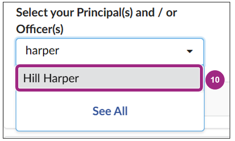 A contacts name appears within the Select your Principal(s) and/or Officer(s) drop-down menu.