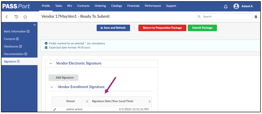 A Signature appears in a table within the Signature tab.