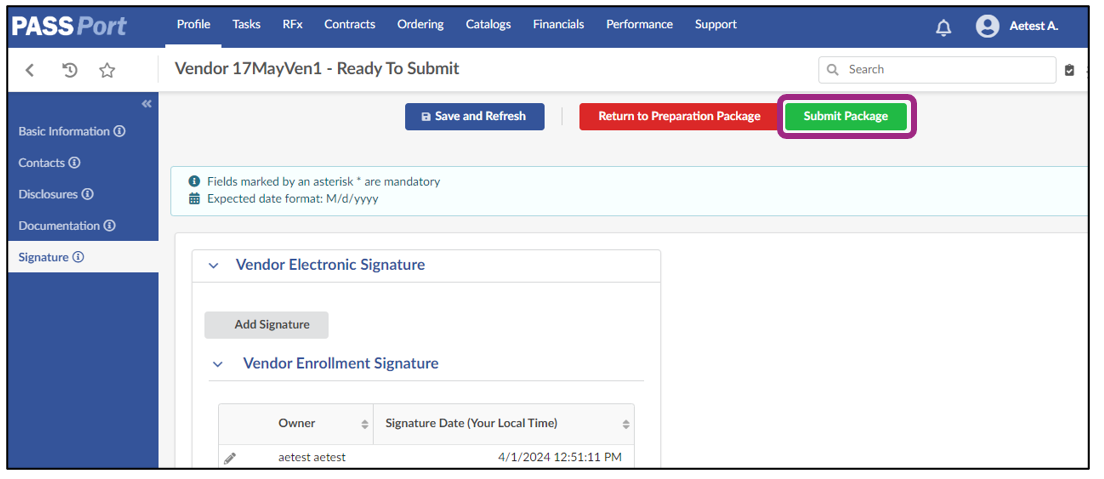 The Submit Package button at the top of the Vendor Profile.