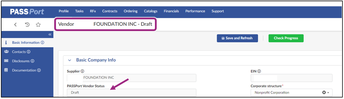 The PASSPort Vendor Status shows the account is in 'Draft' status.