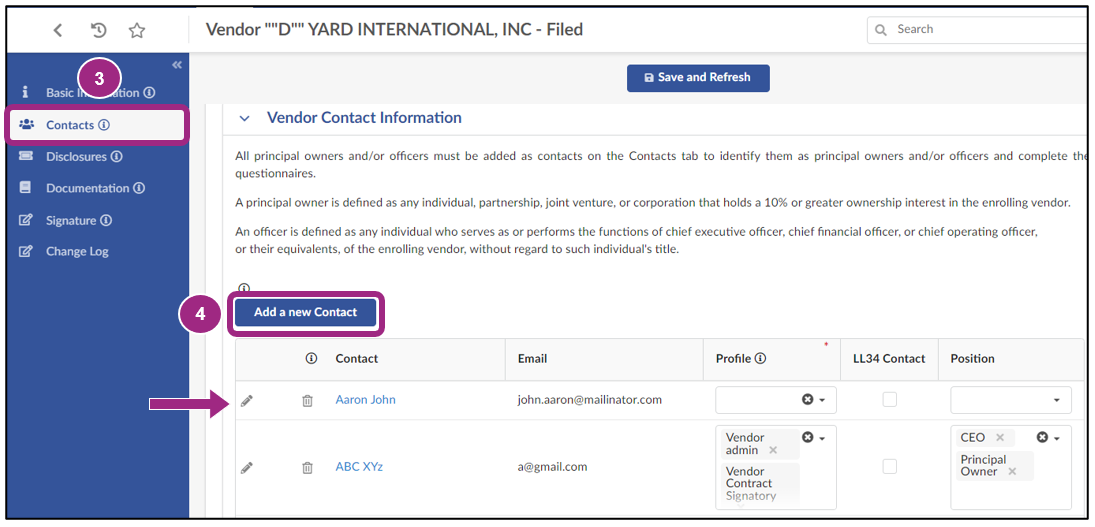 Screenshot of the Vendor Contract Information section within the Contacts tab.