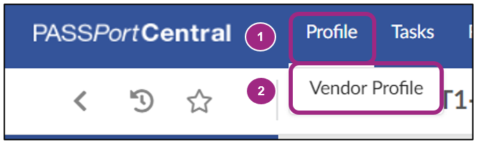 Screenshot of the Profile drop-down menu in PASSPort's top navigation menu.