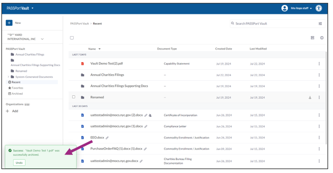 A green Success message appears at the bottom left of the main PASSPort Vault screen.
