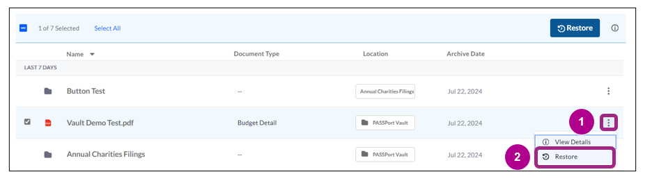 In the Documents table of the PASSPort Vault, the ellipses drop-down menu displays. Restore is highlighted within the menu.