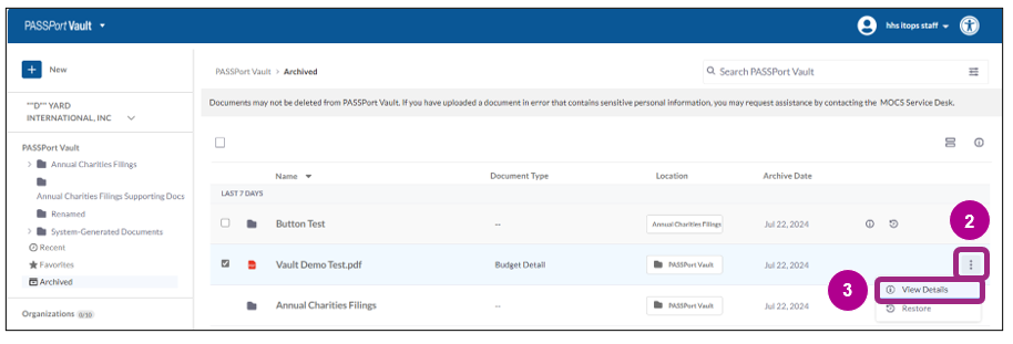 In the Documents table of the PASSPort Vault, the ellipses drop-down menu displays. View Details is highlighted within the menu.