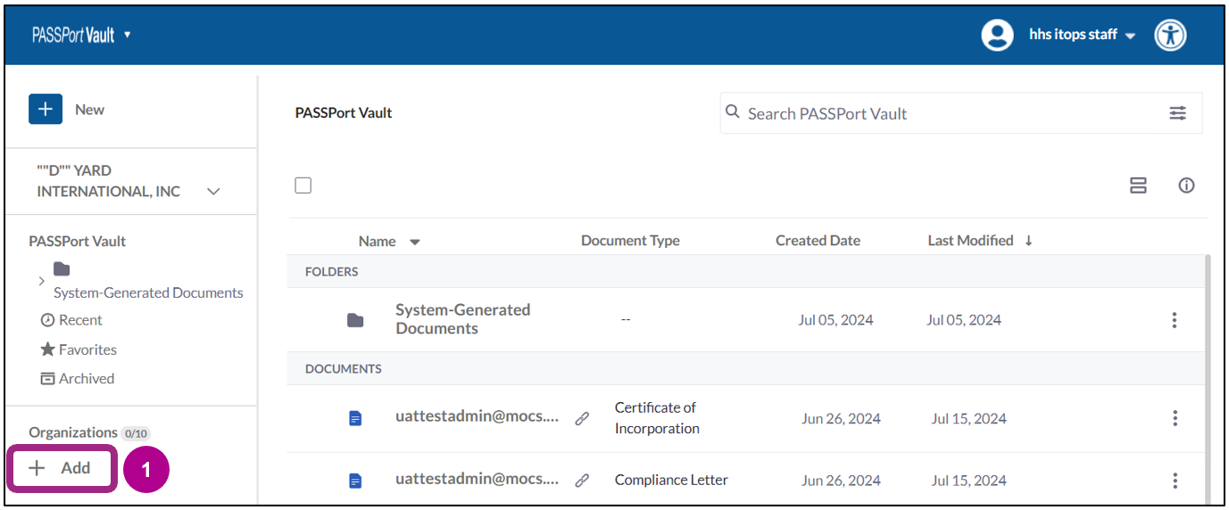 The Vault main page displays the +Add button in the bottom left of the screen.