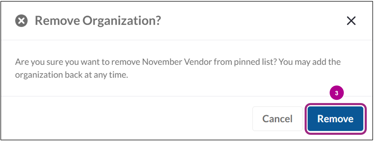 The Remove Organizations pop-up window.