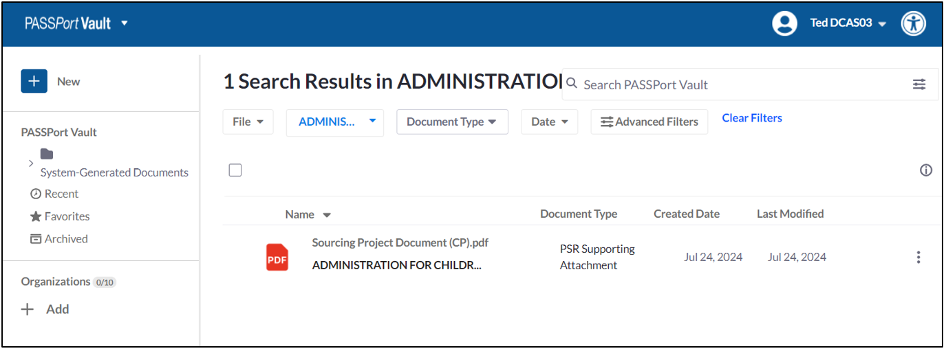 The Search Results page displays received documents from ACS.