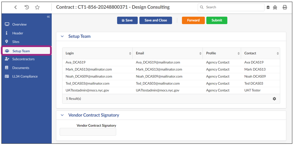Screenshot of the Contract's Setup Team tab. Agency Contacts are listed in the Setup Team section of the page.