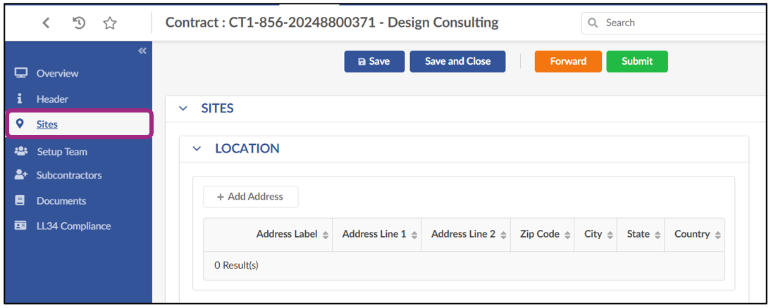 Screenshot of the Location section of the Contract's Sites tab.