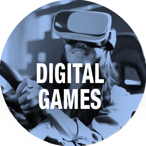 person with VR headgear on, text reads digital games