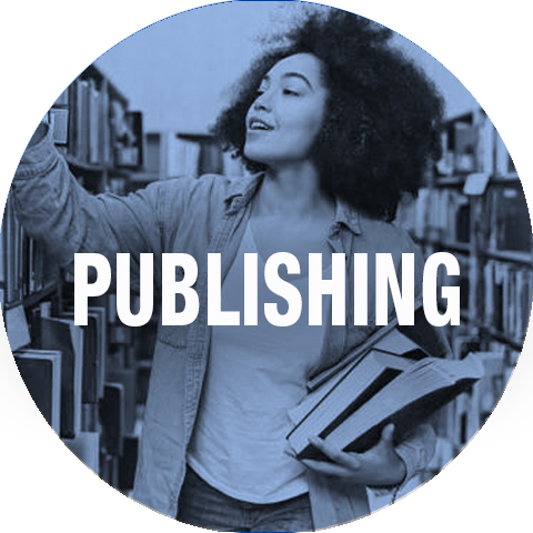 person getting a book from shelf, text reads publishing