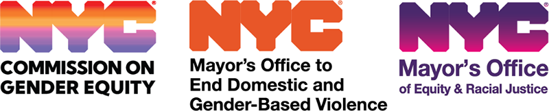 Logos for NYC Commission on Gender Equity, Mayor's Office to End Domestic and Gender-Based Violence, and Mayor's Office of Equity & Racial Justive