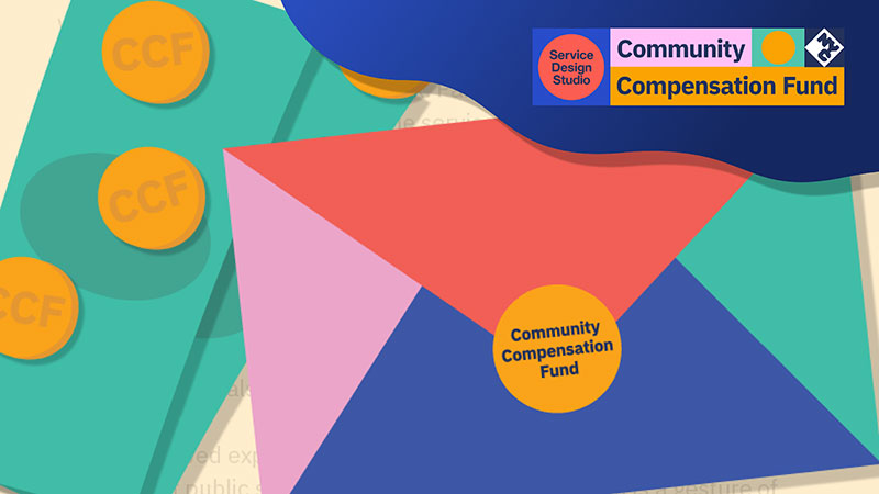 Illustration of dollar bills, coins, and an envelope labeled Community Compensation Fund. A Service Design Studio Community Compensation Fund logo banner overlays the image.